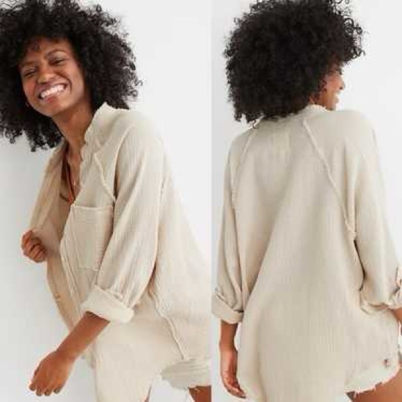 Aerie Cream Waffle Knit Textured Shirt - Picture 1 of 14